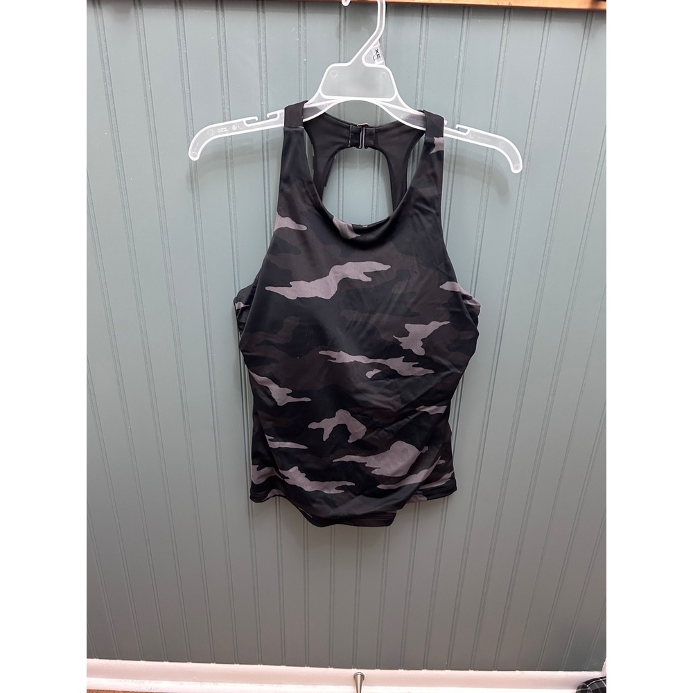 Athleta Camo Print High Neck Tankini Top‎ Black Gray 38B/C Racerback Keyhole